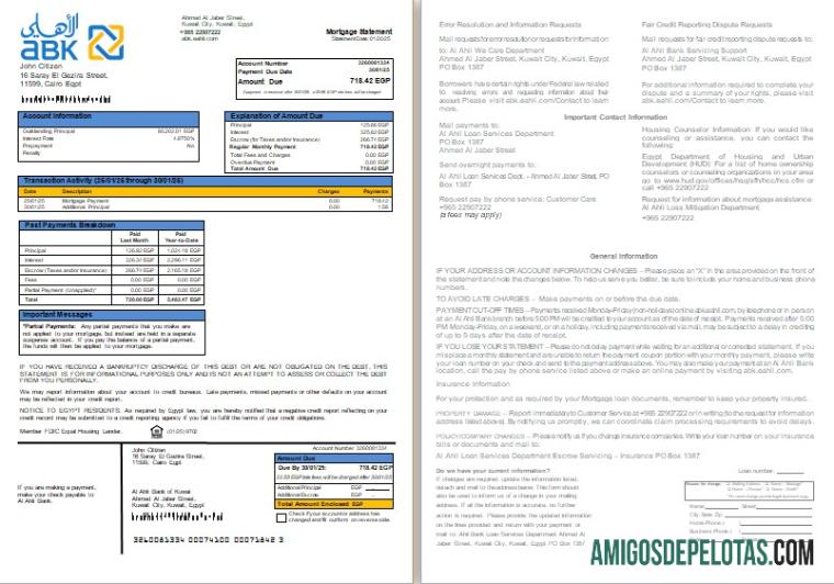 Extrato de hipoteca do banco Egypt Al Ahli Bank Of Kuwait, 2 páginas, 1 2 Scr exemplo